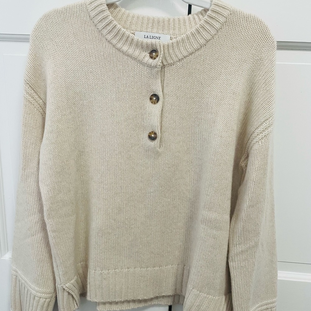 La Ligne Cream Scoop Neck Button Pullover Sweater